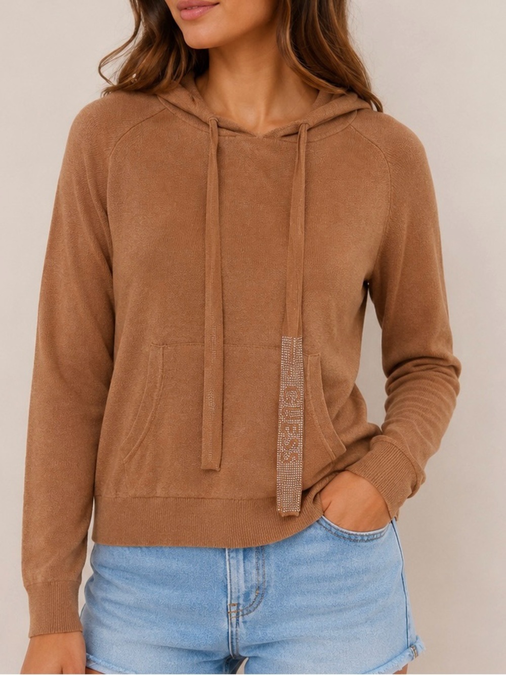 Guess Camel Brown Rhinestone Drawstring Hoodie XS